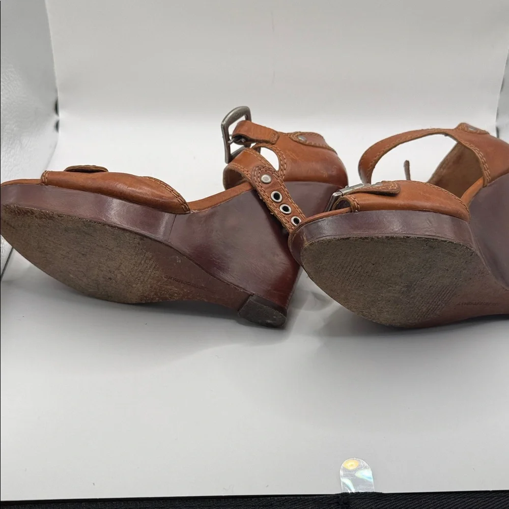 Frye Brown Leather Buckle Wedge Sandals